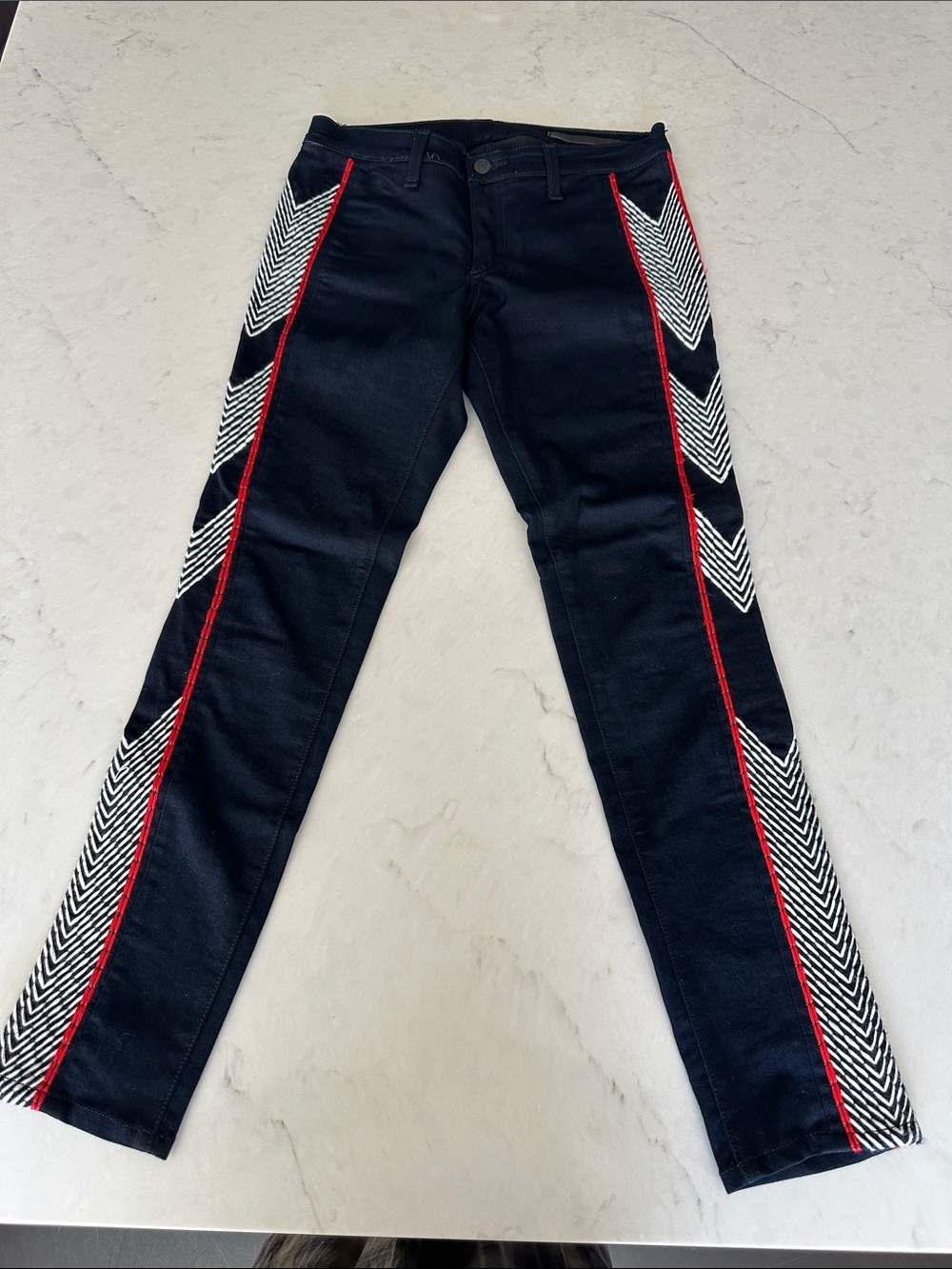 rag & bone Black Skinny Jeans with Red Trim and White Chevron Panels